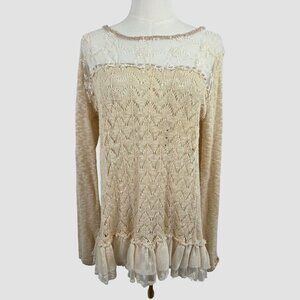 BKE Beige Lace Knit Long Sleeve Top Sweater M Chiffon Hem Boho Shabby Chic NWOT